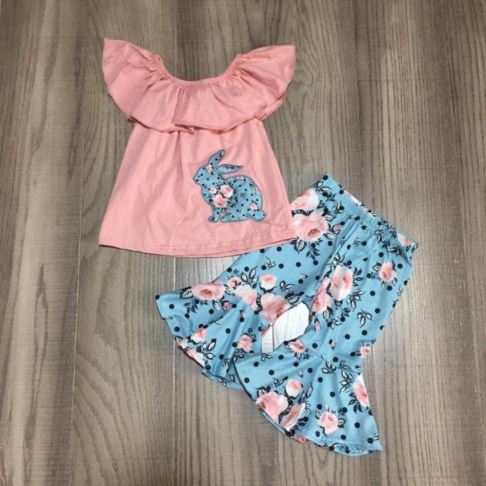 Boutique Floral Easter Bunny Girls Tunic Bell Bottoms Outfit Set